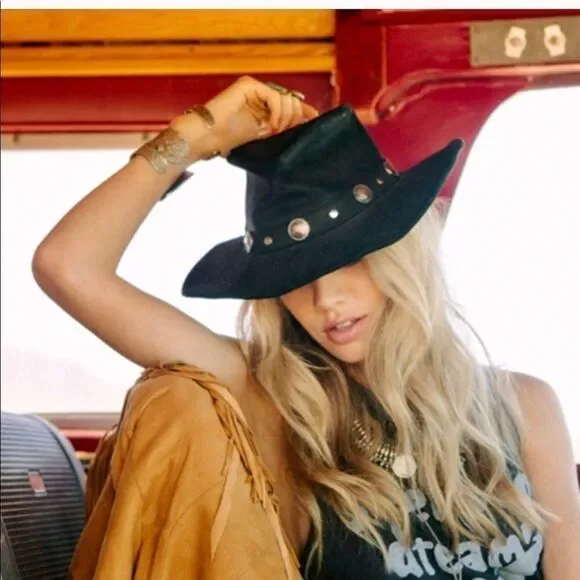 [ vintage ] black leather hat cowboy hat